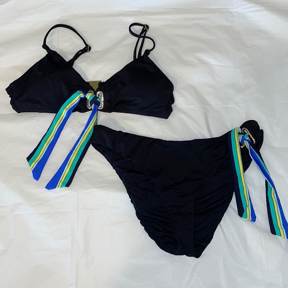NEW black bikini set with blue and green details strings